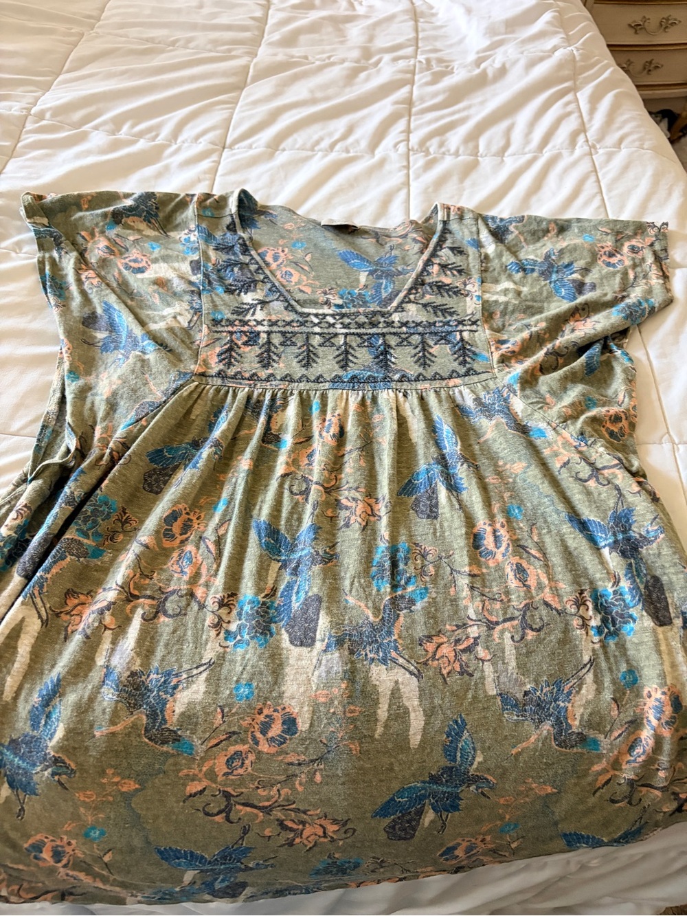 Anthropologie Olive Green Floral Embroidered Peasant Top